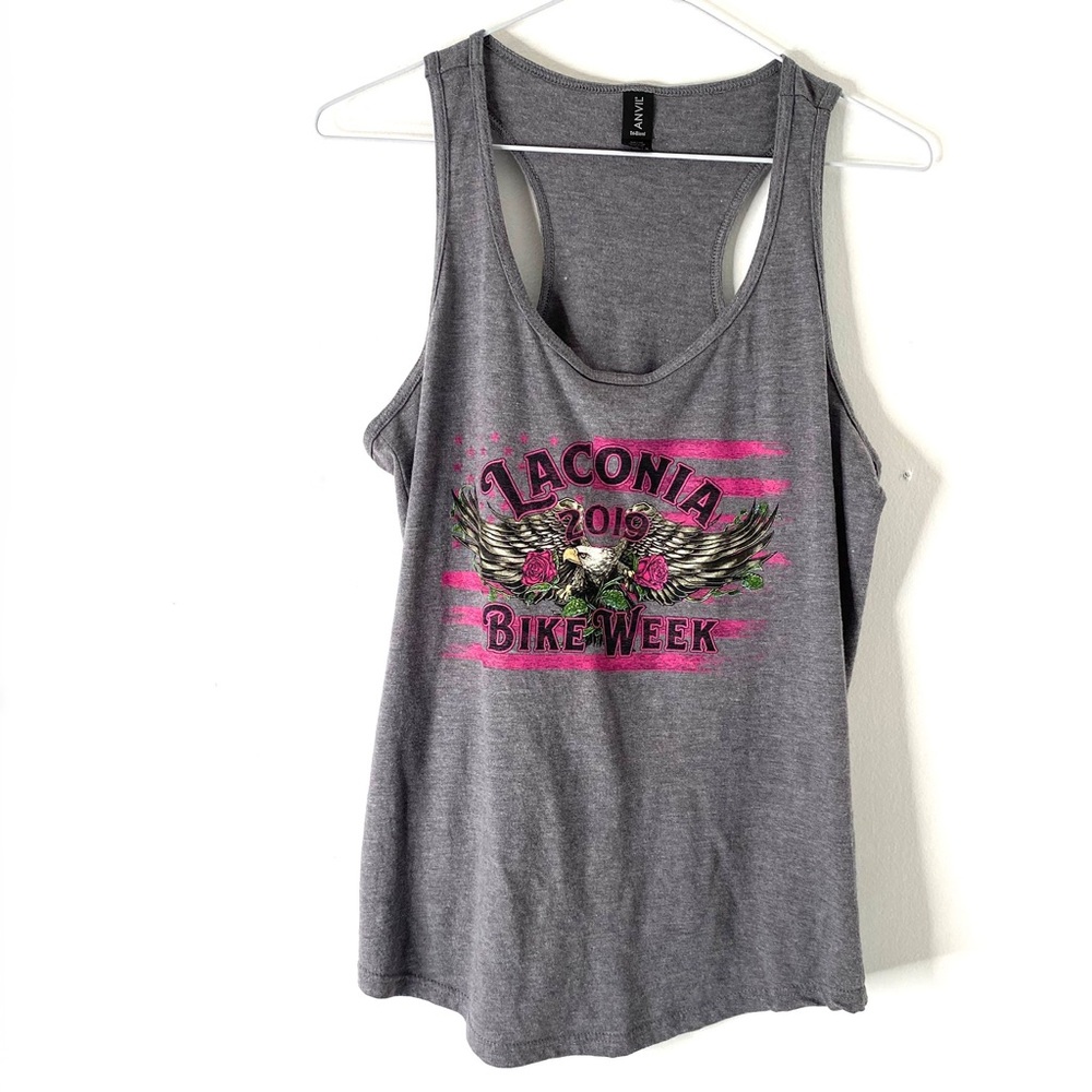 Anvil Grey Pink Laconia Bike Week Tank Top Eagle Graphic Front Back